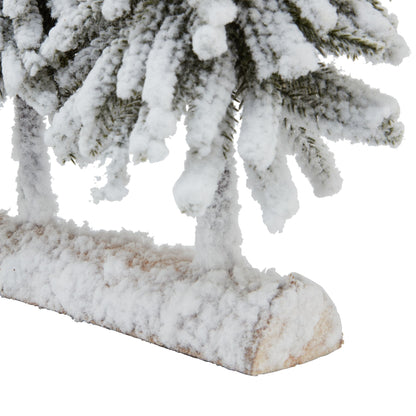 Small Snowy Fir Tree Duo On Wood Log Base - Darlington's Décor