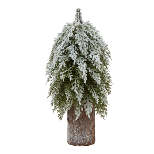 Small Snowy Fir Tree On Tall Wood Log Base - Darlington's Décor
