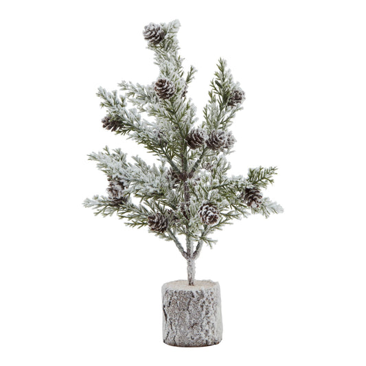 Small Snowy Fir Tree With Pinecones In Wood Log Base - Darlington's Décor
