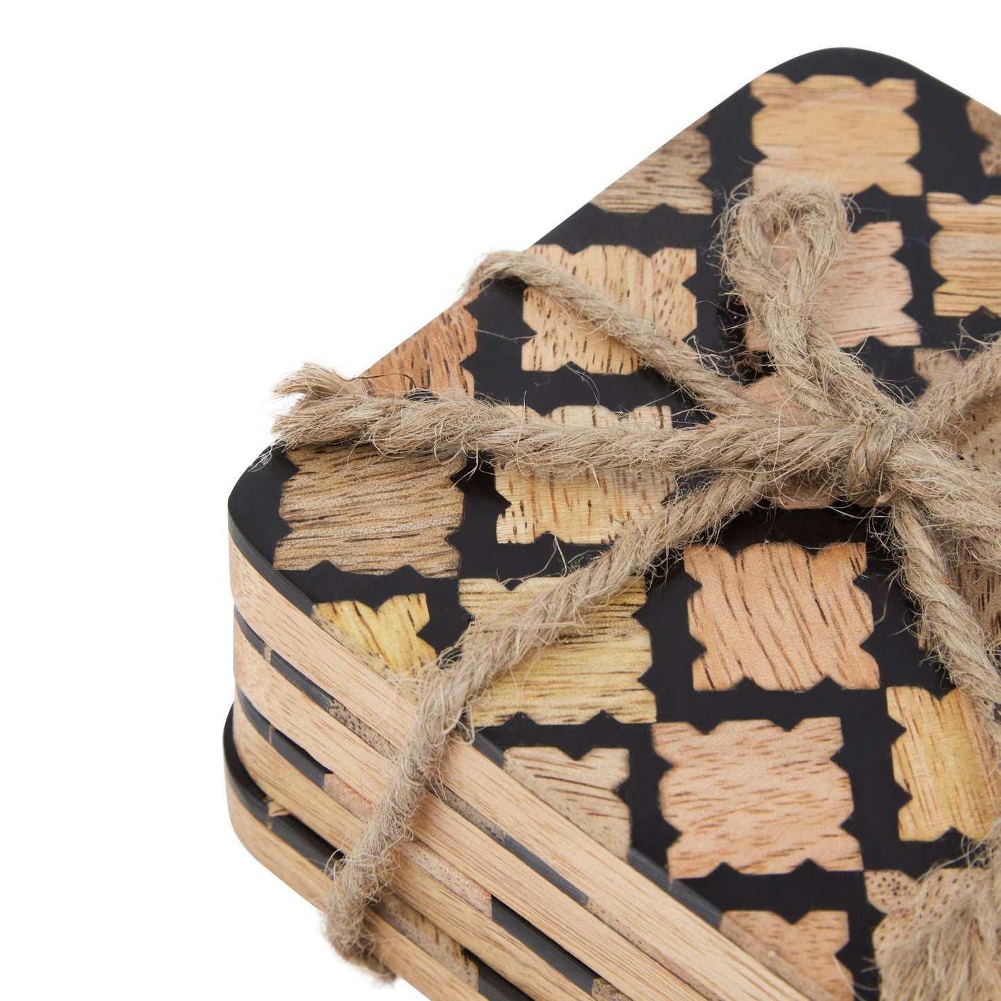 Stylish Set Of 4 Wood Effect Black Geometric Coasters - Darlington's Décor
