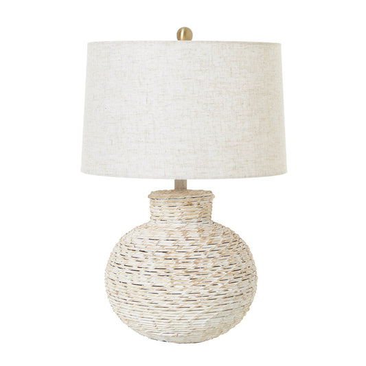 White Wash Bulbous Wicker Table Lamp With Linen Shade - Darlington's Décor