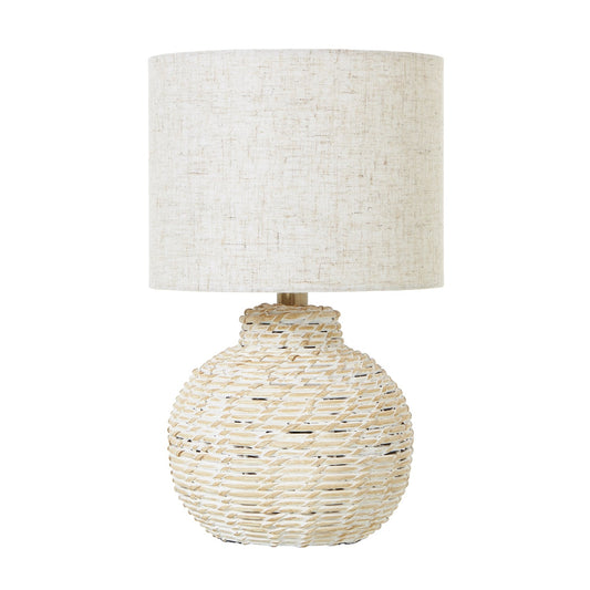 White Wash Small Bulbous Wicker Table Lamp With Linen Shade - Darlington's Décor